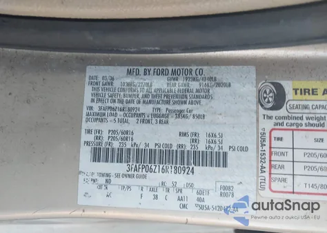 2006 Ford Fusion S из США, поврежденный, VIN 3FAFP06Z16R180924